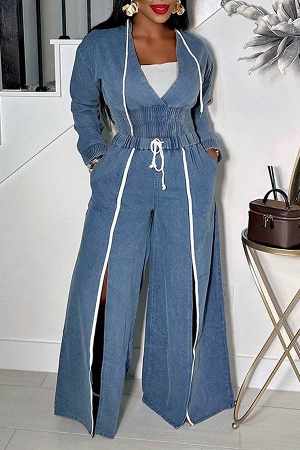 Casual V-Neck Denim Top & Wide Leg Jeans Set