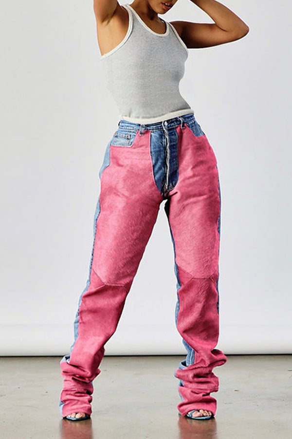 Stylish Suede Splicing Tapered Jeans