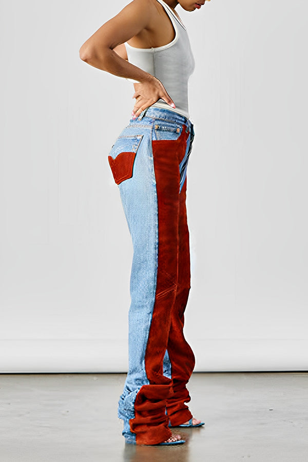 Stylish Suede Splicing Tapered Jeans