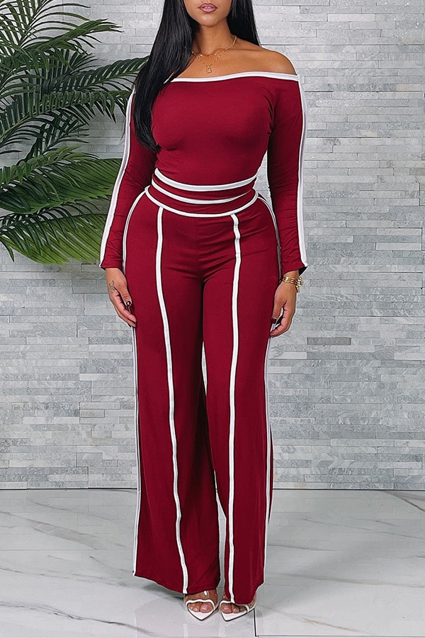 Casual Contrast Color Line Top & Pants Set