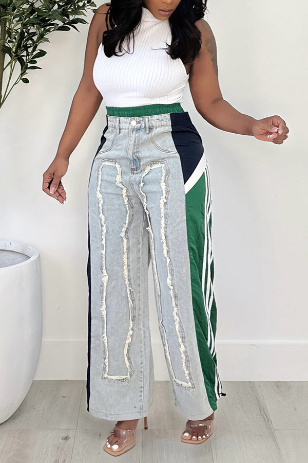 Casual Colorblock Double Waist Wide Leg Jeans