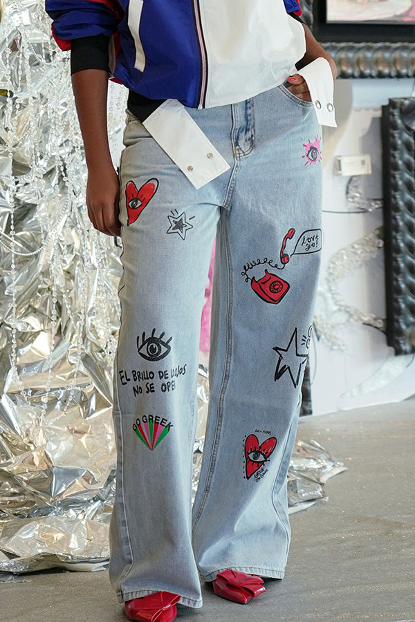 Stylish Figure Graphic Wide Leg Jeans