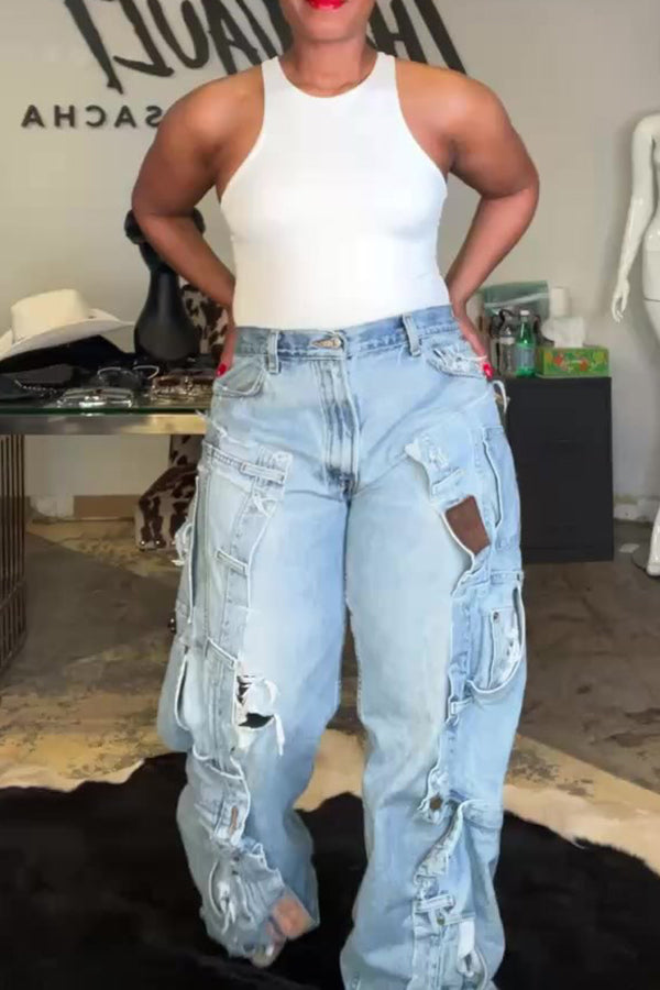 Unique Design Splicing Wide Leg Jeans