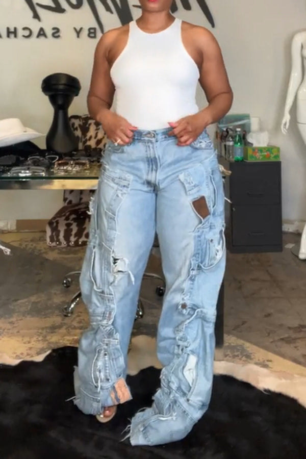 Unique Design Splicing Wide Leg Jeans