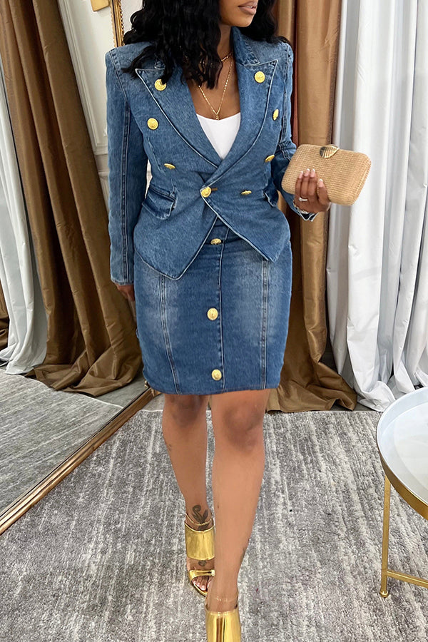 Stylish Peak Collar Denim Blazer & Skirt Set