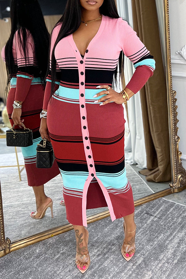 Stylish Single Breasted Colorblock Knit Midi Dress