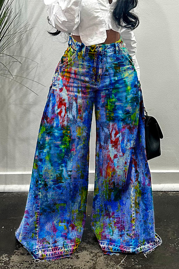 Casual Side Ruched Allover Print Wide Leg Jeans