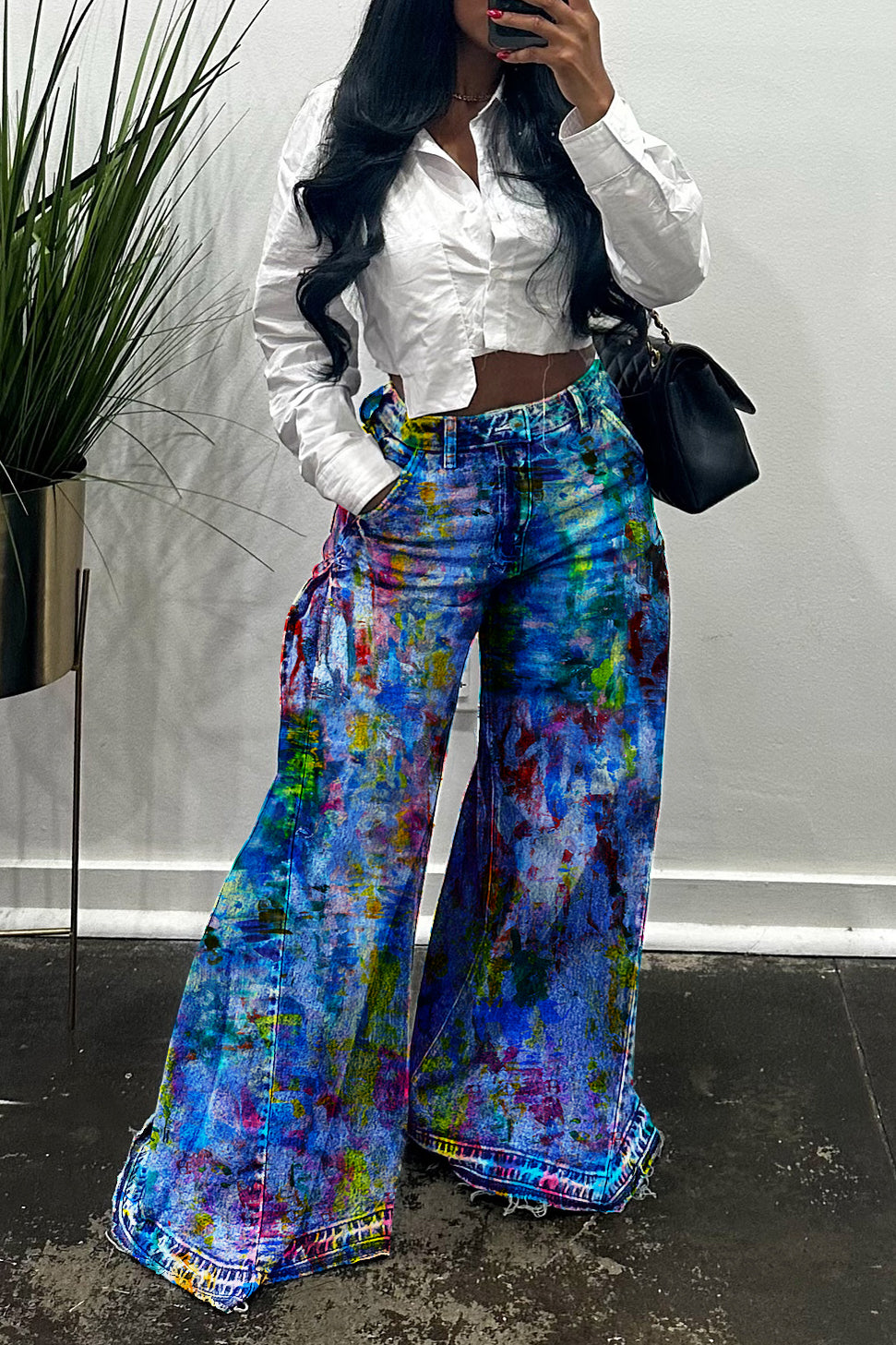 Casual Side Ruched Allover Print Wide Leg Jeans