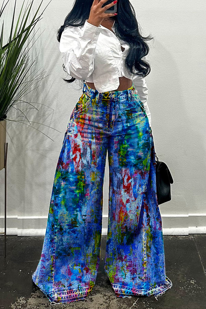 Casual Side Ruched Allover Print Wide Leg Jeans