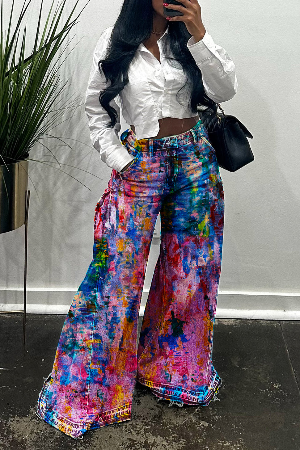 Casual Side Ruched Allover Print Wide Leg Jeans