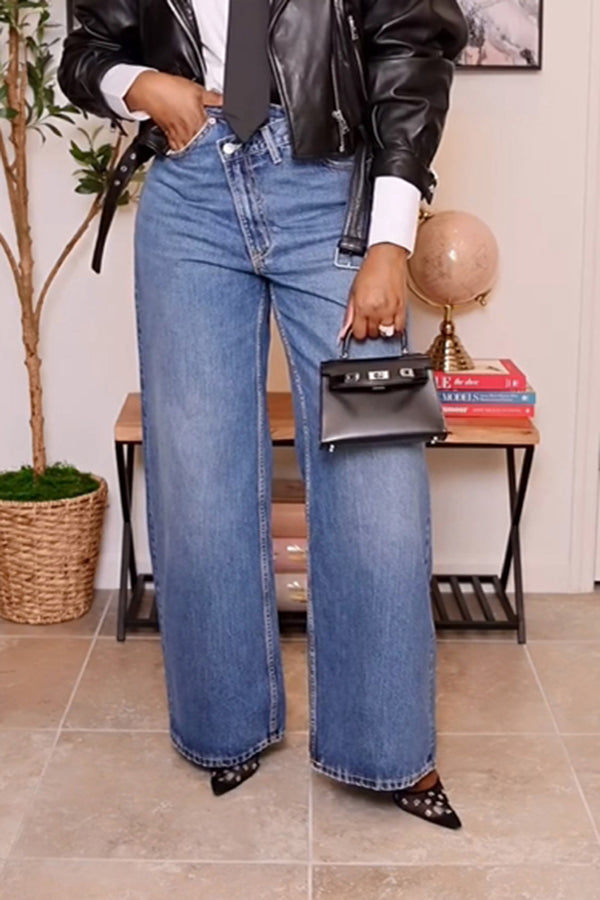 Stylish Asymmetrical Waist Wide Leg Jeans