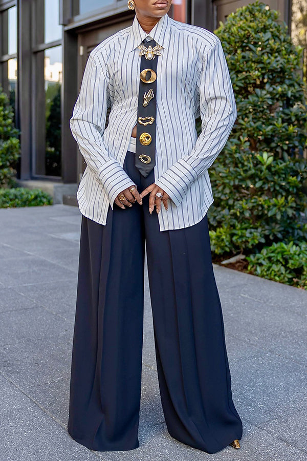 Stylish Striped Shirt & Wide Leg Pants Set