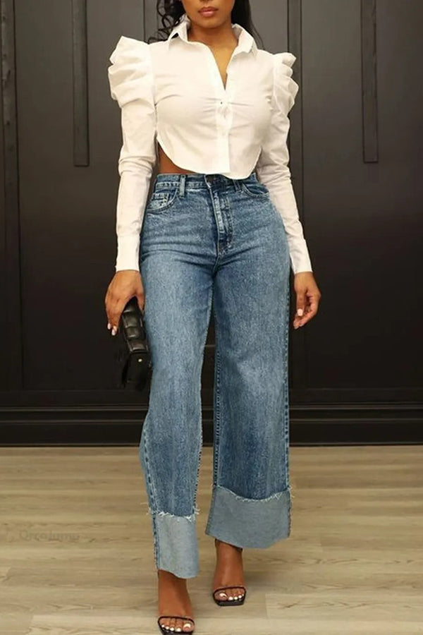 Classic Subtle Pocket Stitching Wide Leg Jeans 