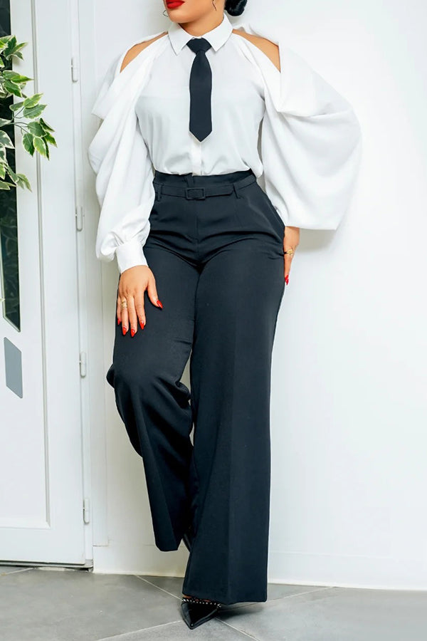 Elegant Cold Shoulder Gigot Sleeve Shirt & Pants Set