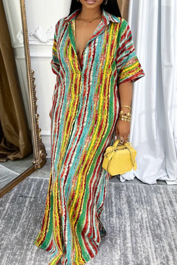 Casual Cozy Multicolor Striped Shirt Maxi Dress