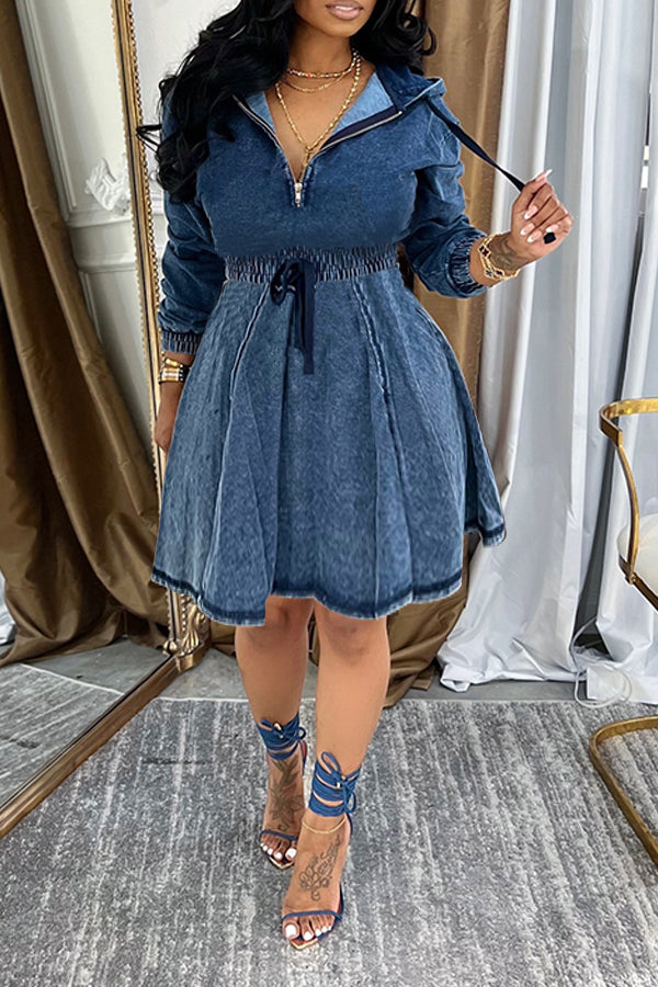 Casual Hooded Half Zip Denim Midi Dress