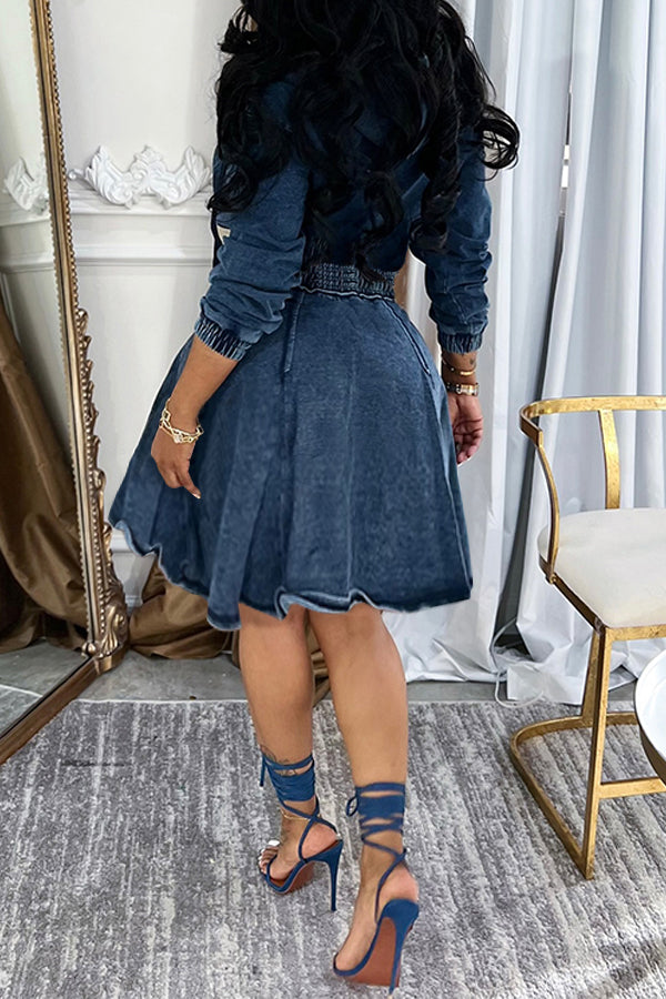 Casual Hooded Half Zip Denim Midi Dress