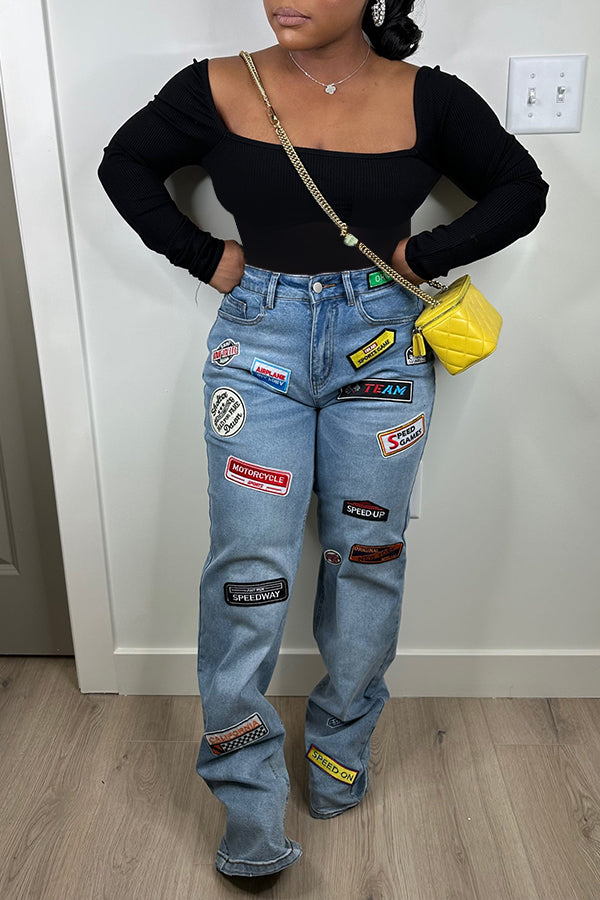 Stylish Figure Patched Straight Leg Jeans