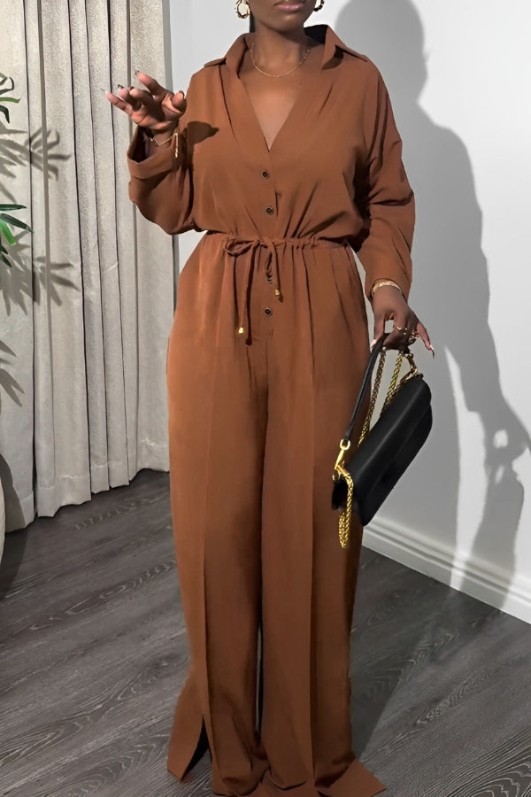 Pretty Front Button Drawstring Wide Leg Jumpsuit