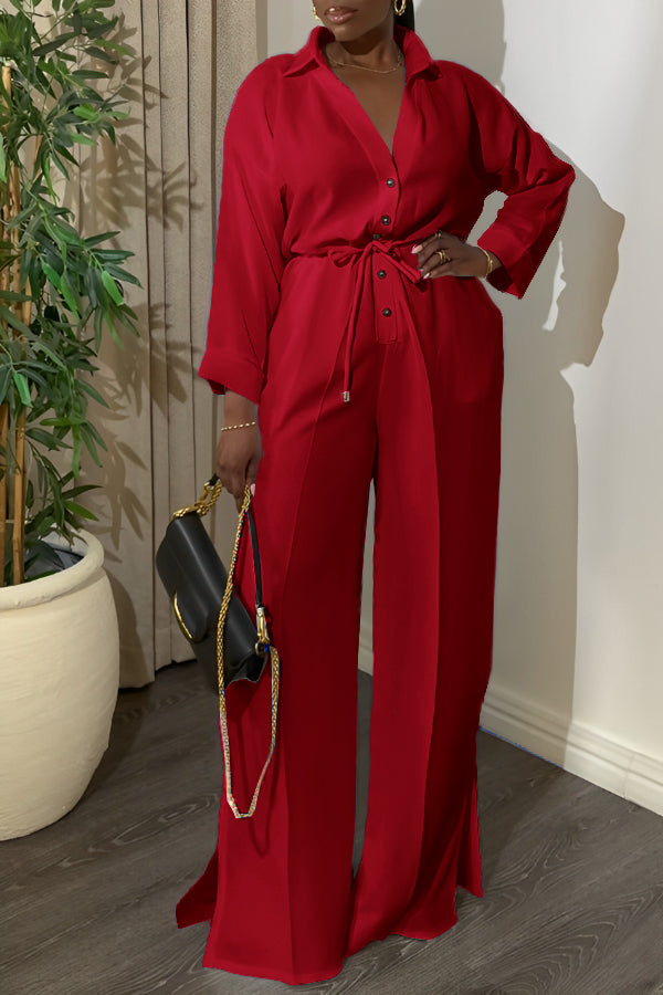 Pretty Front Button Drawstring Wide Leg Jumpsuit