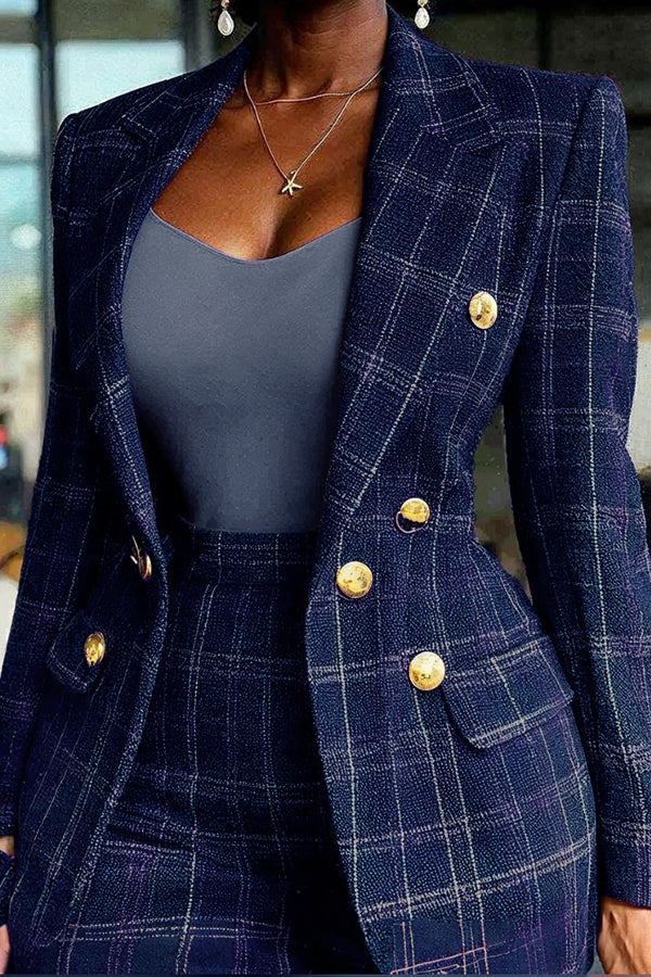 Stylish Plaid Lapel Collar Blazer & Pants Set