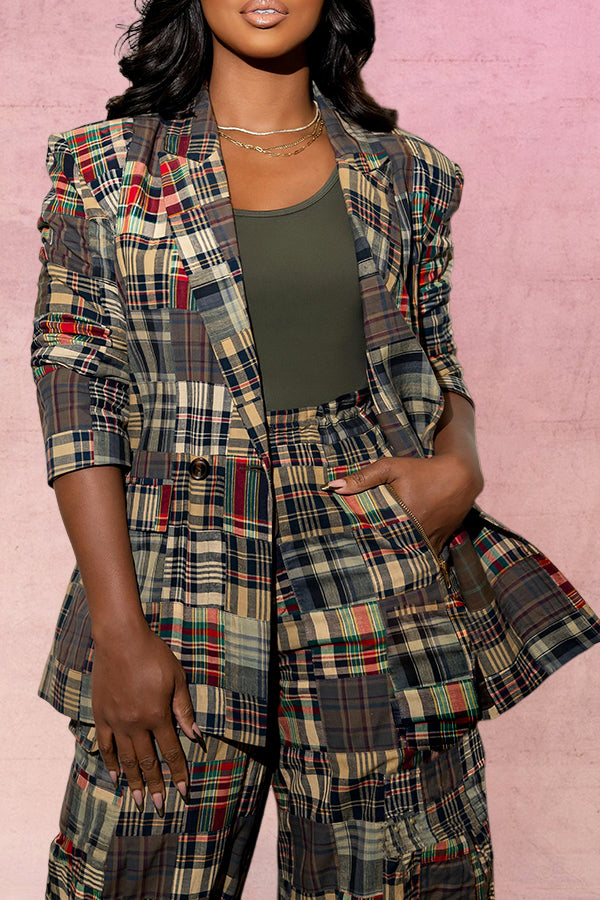 Chic Plaid Blazer & Drawstring Cargo Pants Set