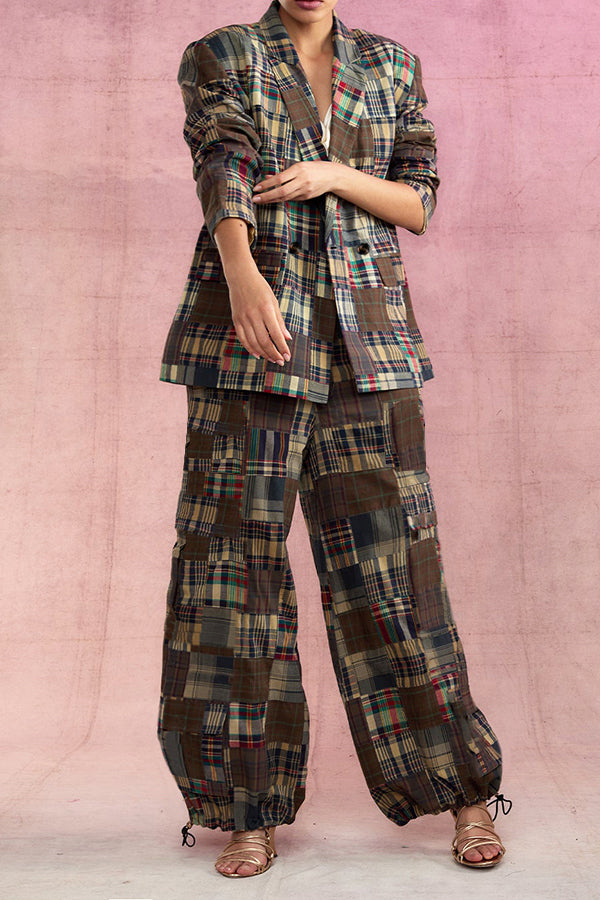 Chic Plaid Blazer & Drawstring Cargo Pants Set