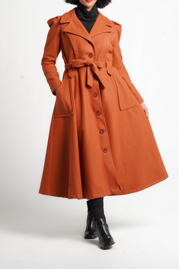 Stylish Solid Button Front Belted Coat