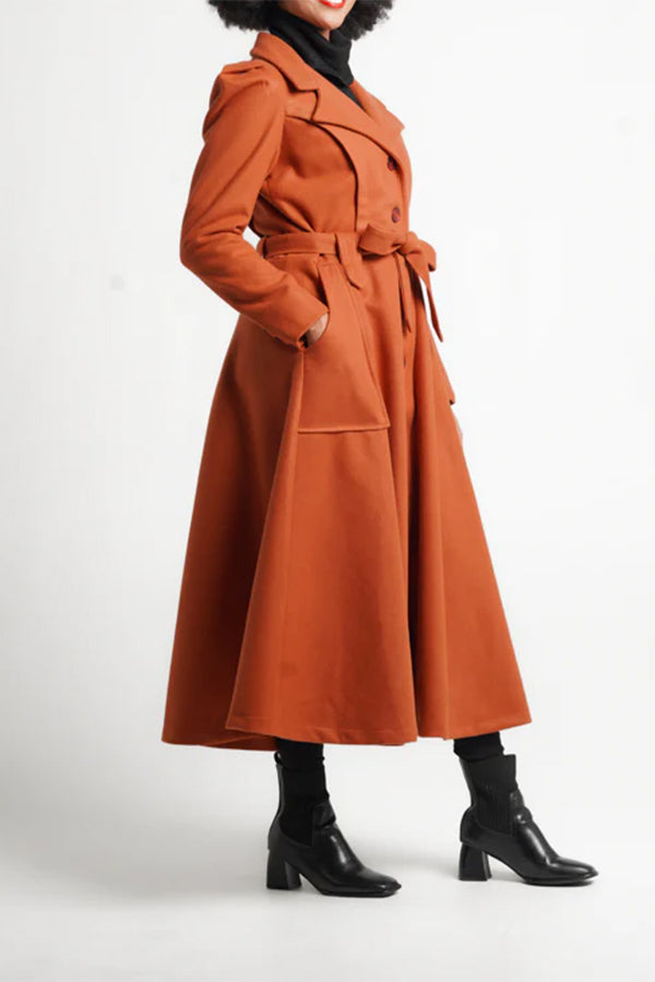 Stylish Solid Button Front Belted Coat