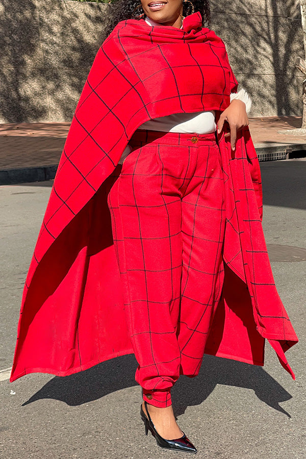 Stylish Plaid Poncho & High-waist Pants Set