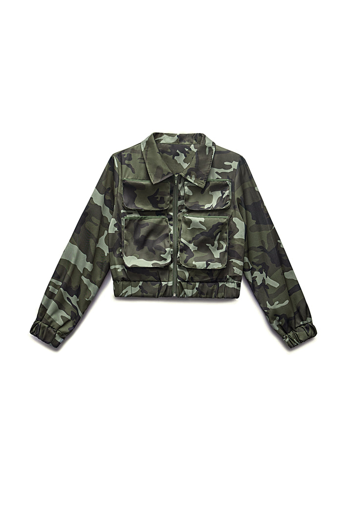 Stylish Camo Zipper Flap Pocket Jacket