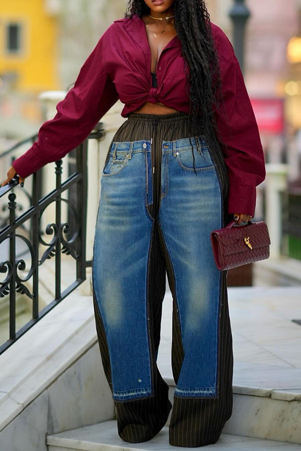 Stylish Striped Denim Patchwork Pants