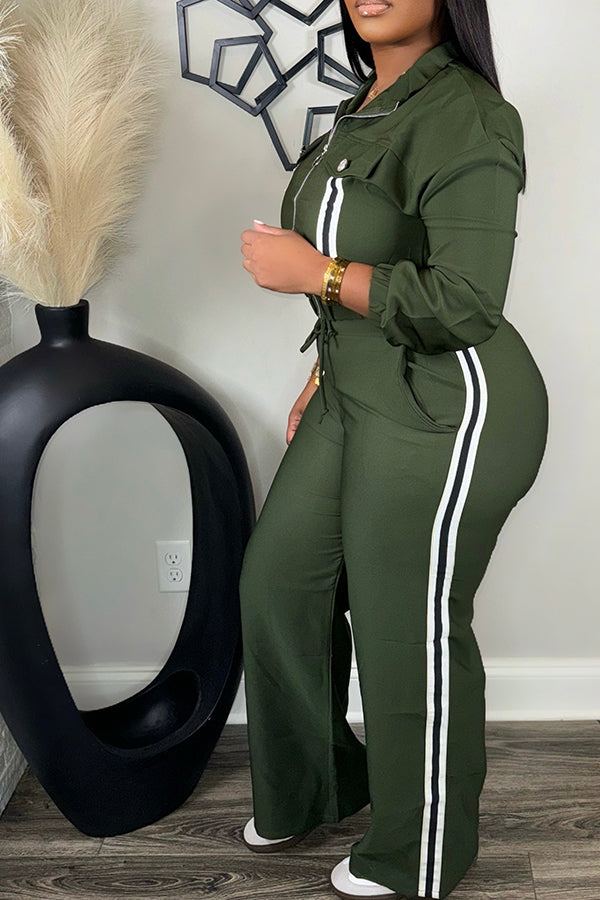 Casual Striped Crop Coat & Drawstring Pants Set