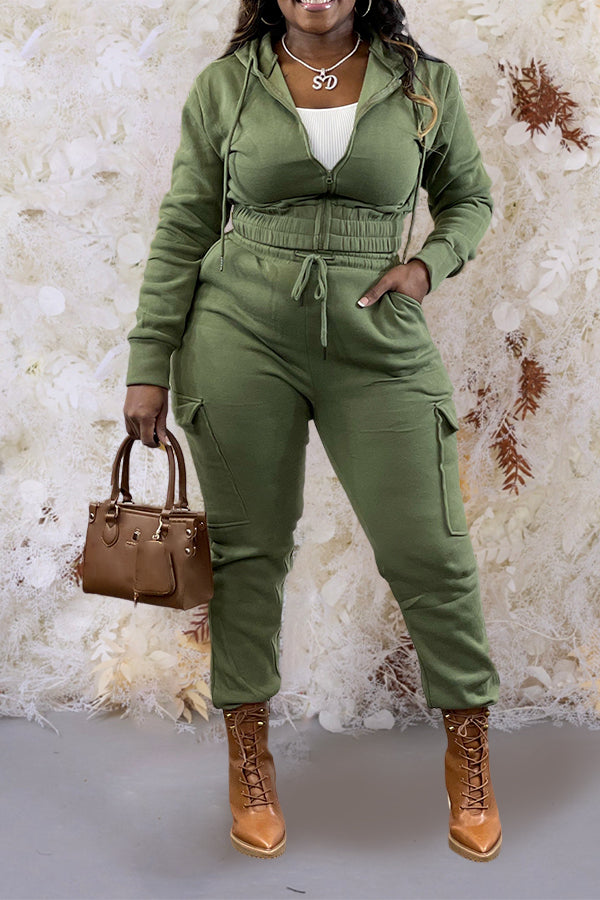 Casual Cropped Hoodie & Cargo Joggers Set