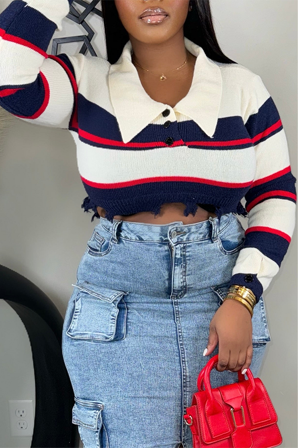 Chic Striped Polo Collar Raw Trim Crop Sweater