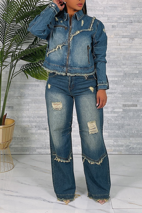 Stylish Frayed Zipper Through Denim Jacket