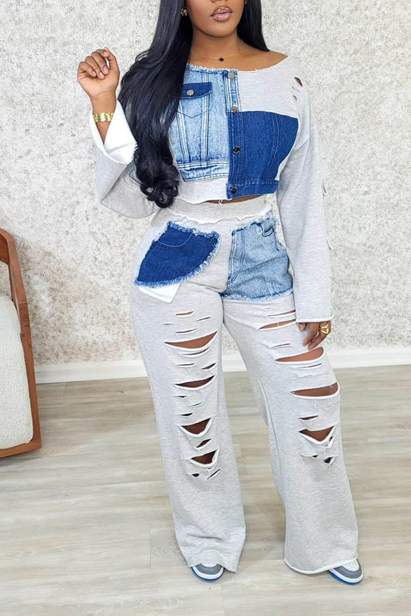 Denim Patchwork Sweatshirt & Ripped Pants Set