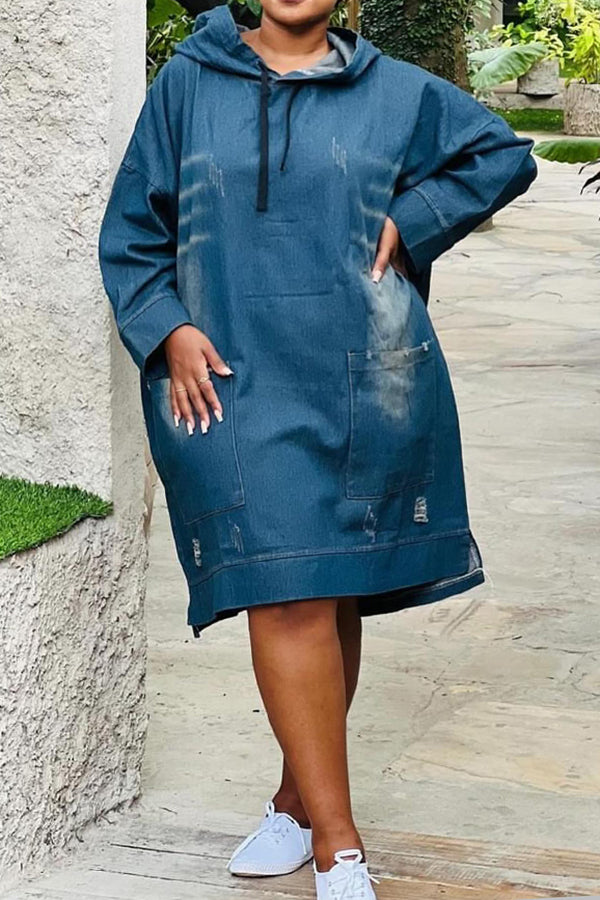 Comfortable Patched Pocket Hooded Denim Dress