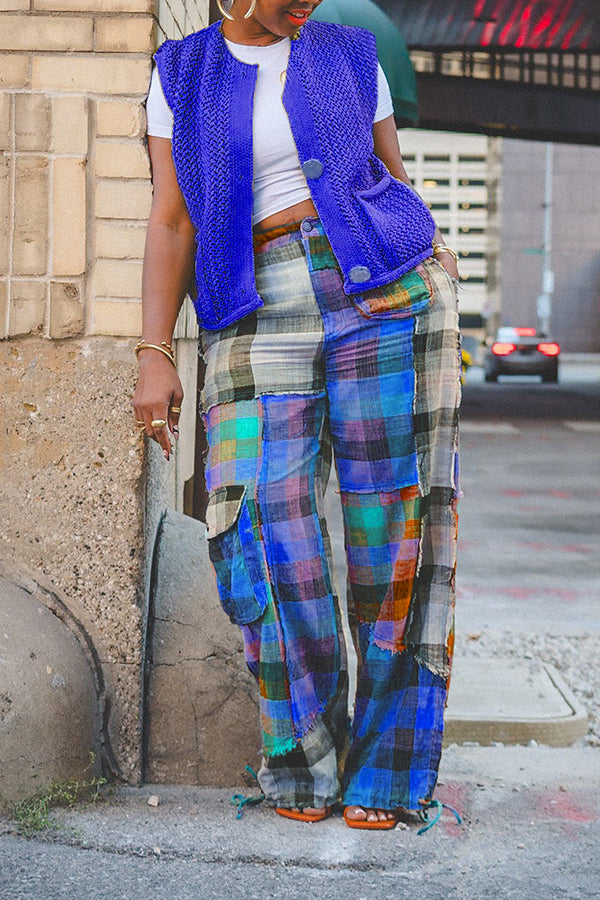 Designer Plaid Color Blocked Straight Leg Pants