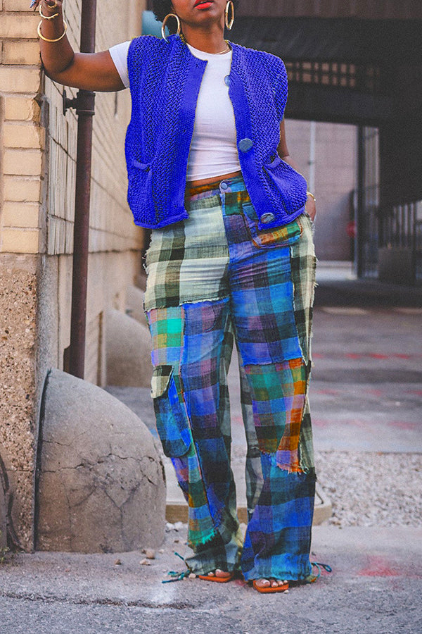 Designer Plaid Color Blocked Straight Leg Pants