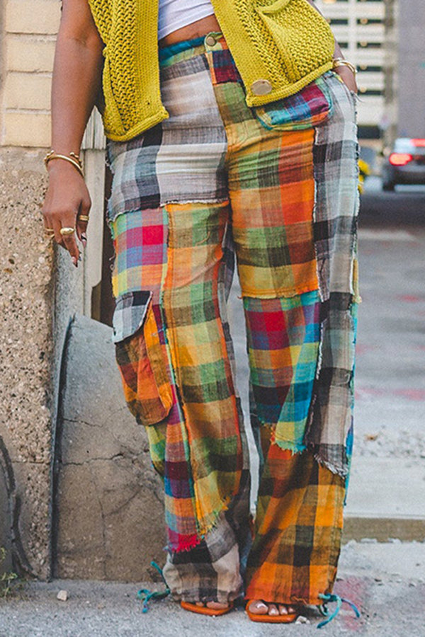 Designer Plaid Color Blocked Straight Leg Pants