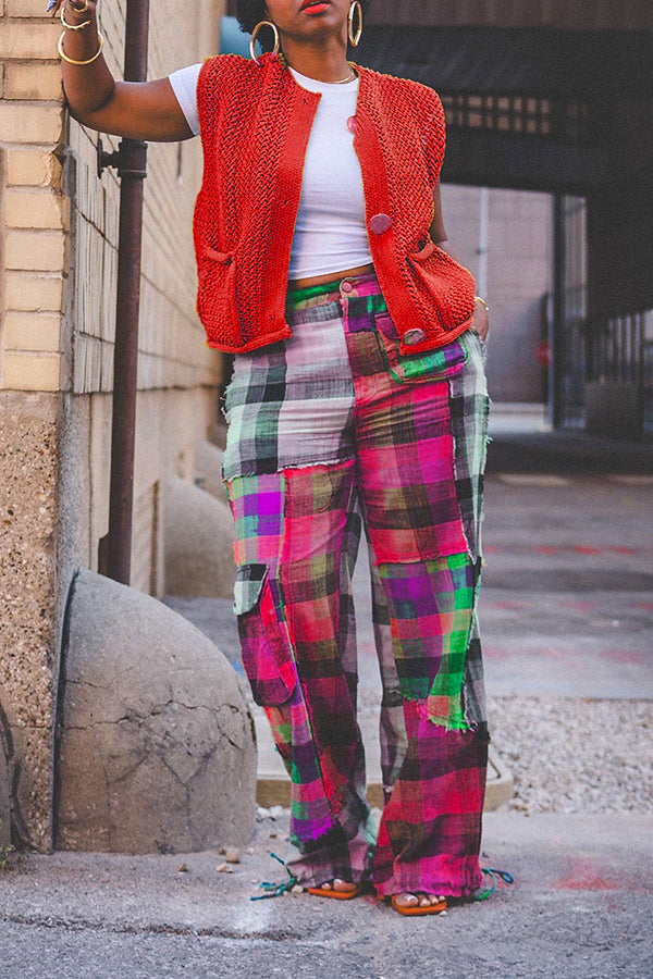 Designer Plaid Color Blocked Straight Leg Pants