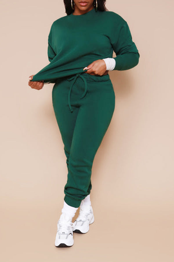 Casual Crew Neck Sweatshirt & Drawstring Pants Set