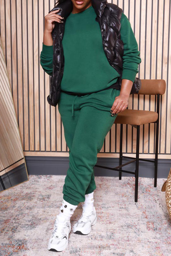 Casual Crew Neck Sweatshirt & Drawstring Pants Set