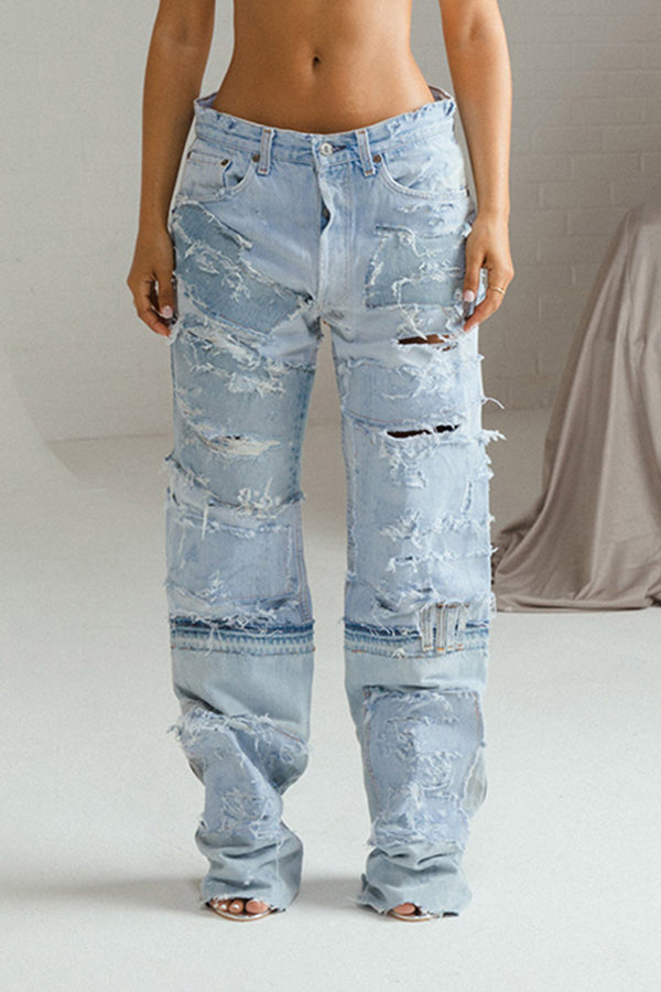 Stylish Patchwork Ripped Straight Leg Jeans