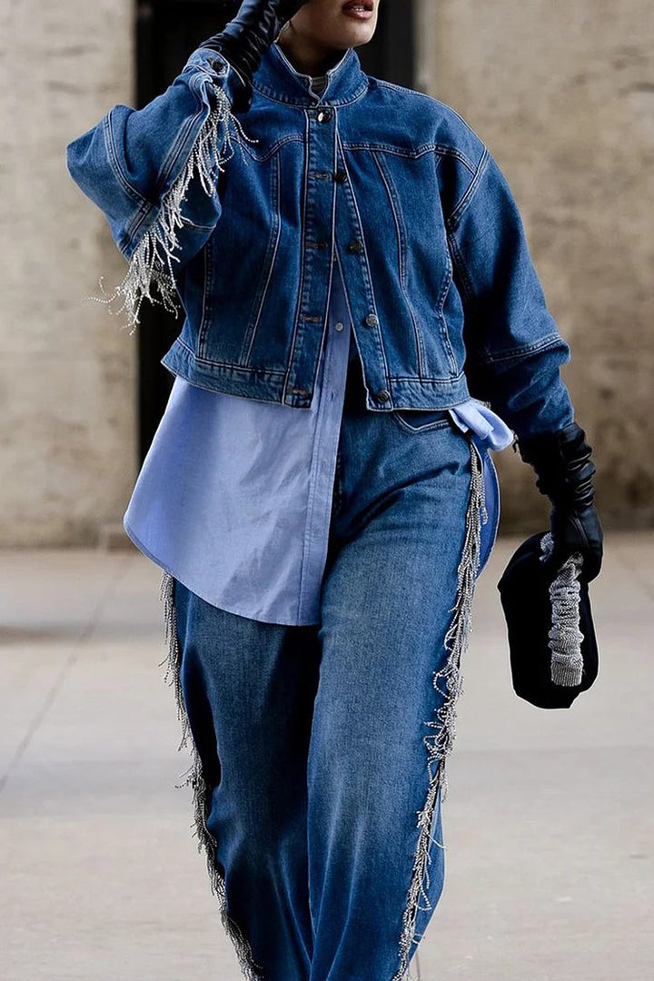 Stylish Mock Neck Fringe Trim Denim Jacket