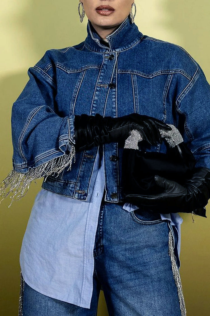 Stylish Mock Neck Fringe Trim Denim Jacket