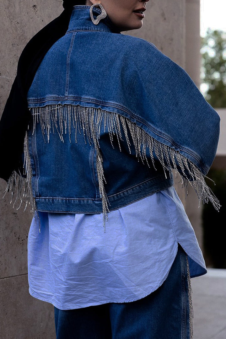 Stylish Mock Neck Fringe Trim Denim Jacket