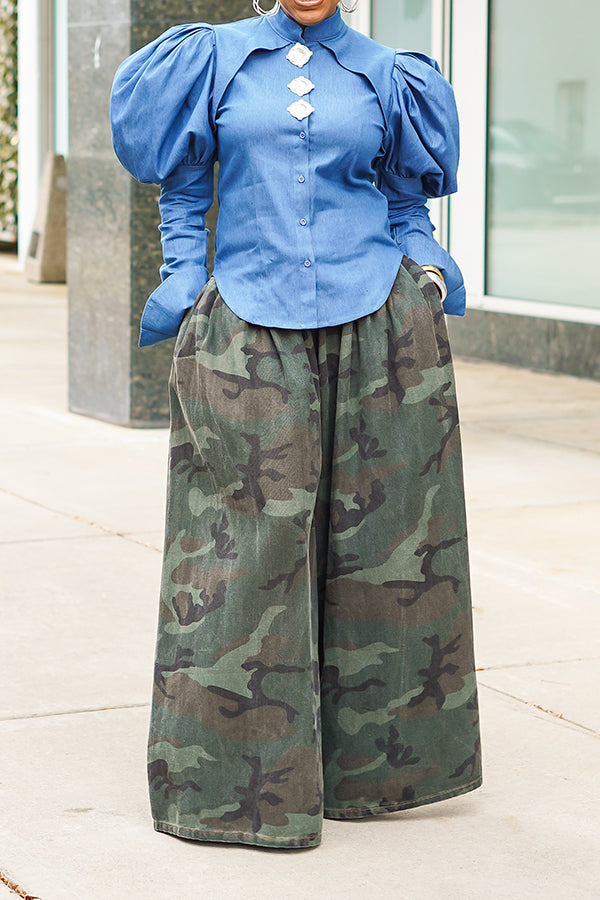 Stylish Camouflage Print Wide Leg Pants