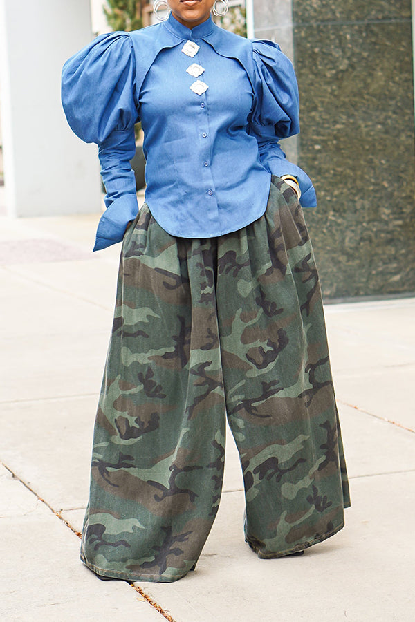 Stylish Camouflage Print Wide Leg Pants